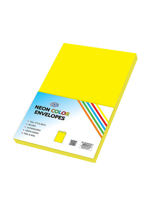 FIS Colour Peel & Seal Envelopes, 50-Piece, 80 GSM, 9 x 6-Inch, Neon Lemon