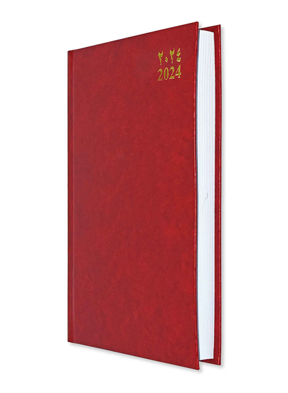 FIS 2024 Arabic/English Vinyl Hard Cover Diary, 384 Sheets, 60 GSM, A5 Size, FSDI21AE24RE, Red