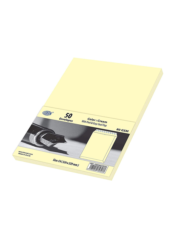 FIS Colour Peel & Seal Envelopes, 50-Piece, 80 GSM, C4 (324 x 229mm), Pastel Cream