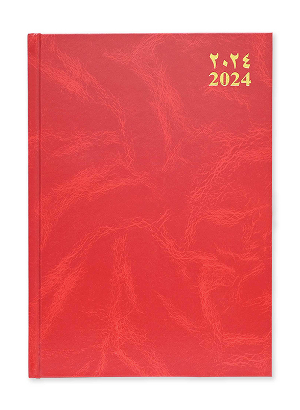 FIS 2024 Arabic/English Vinyl Hard Cover Agenda Diary, 400 Sheets, 60 GSM, FSDI75AEV24RE, Red