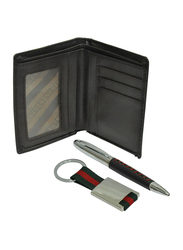 إف آي إس محفظة ثنائية الطي من الجلد مع مجموعة هدايا من القلم وسلسلة مفاتيح للرجال ، FSGTKH-229, بني