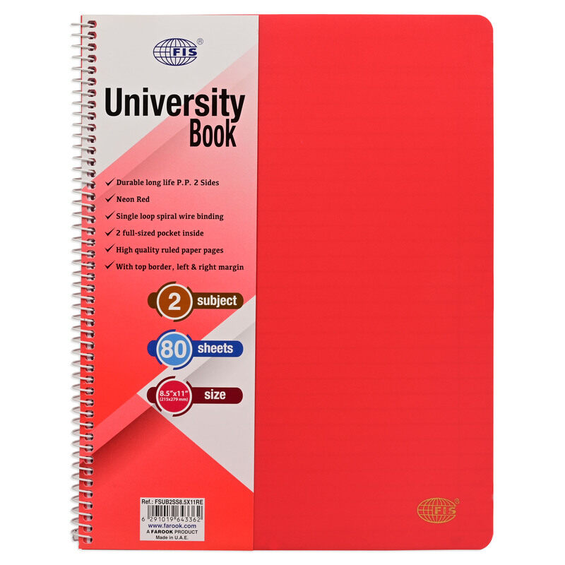 

FIS Deluxe University Book, Spiral PP Neon Soft Cover, 2 Subjects, (215x279mm) Size, 80 Sheets, Red Color- FSUB2SS8.5X11RE