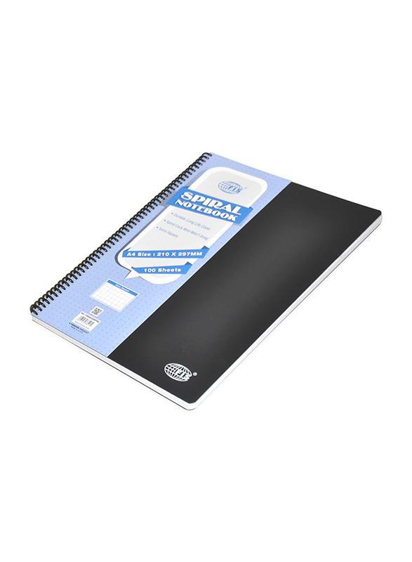 FIS PP Spiral Notebook, 5mm, 100 Sheets, A4 Size, FSNBSA45MPPBK, Black/Blue