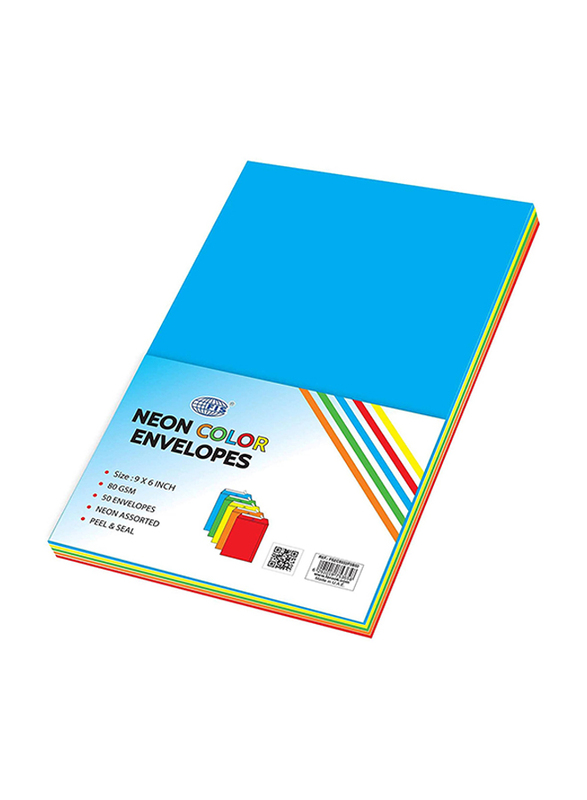 FIS Colour Peel & Seal Envelopes, 50-Piece, 80 GSM, 9 x 6-Inch, Neon Assorted