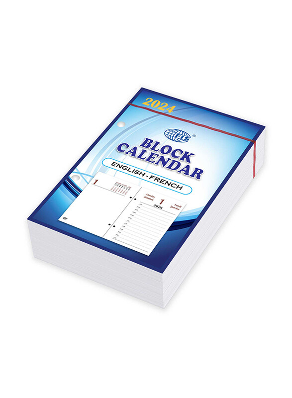 FIS 2024 Arabic & English Block Calendar 1 Day Per Sheet, 60 GSM, White Paper, FSBCAE24, Blue/White