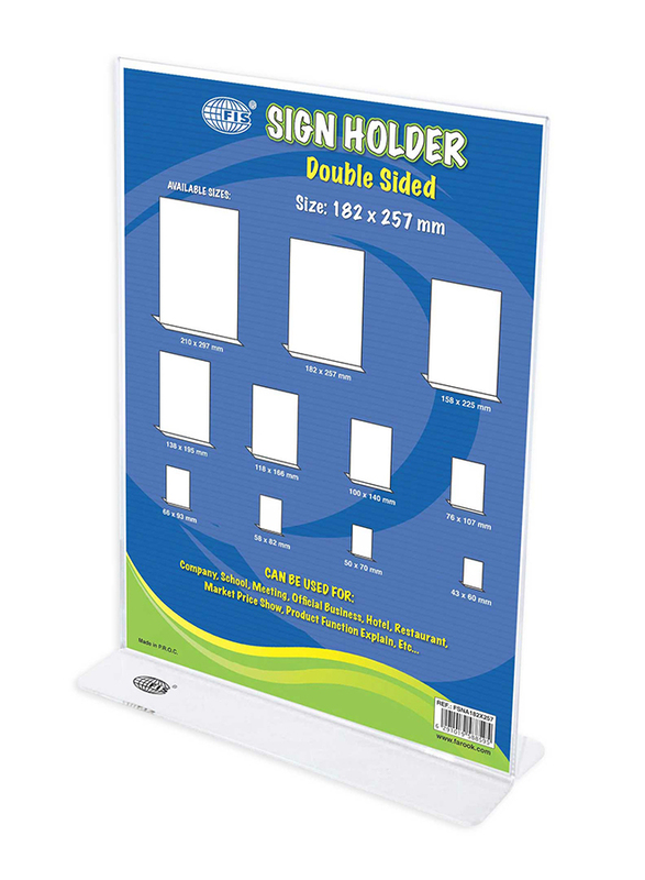 FIS Up Right Double Sided Sign Holder, 182 x 257mm, 5 Pieces, FSNA182X257-5, Clear