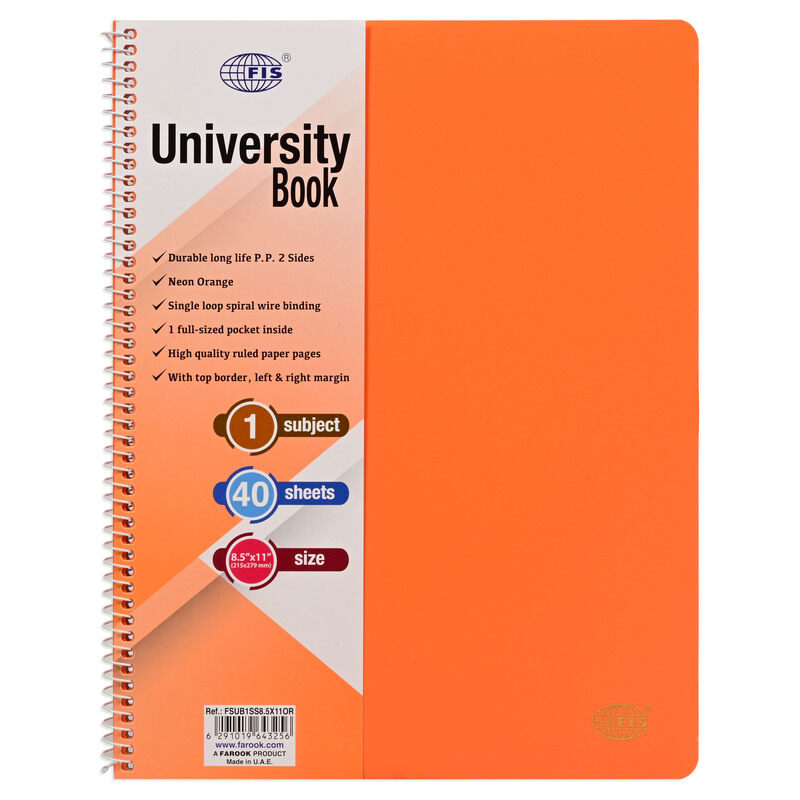

FIS Deluxe University Book, Spiral PP Neon Soft Cover, 1 Subject, (215x279mm) Size, 40 Sheets, Orange Color- FSUB1SS8.5X11OR
