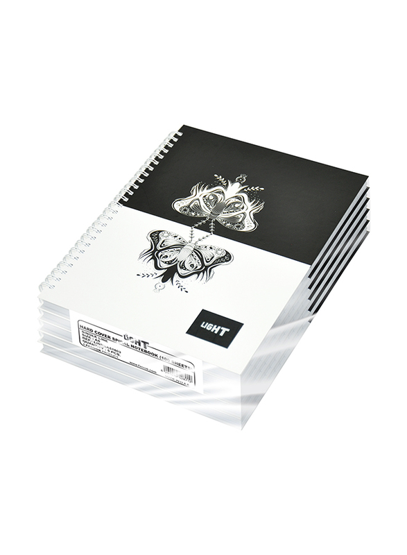 Light 5-Piece Spiral Hard Cover Notebook, Single Line, 100 Sheets, A5 Size, LINBSA51803, Black/White
