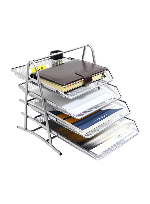 FIS 4-Shelf Wire Mesh Office Trays, A4 Size, FSOT103SL, Silver