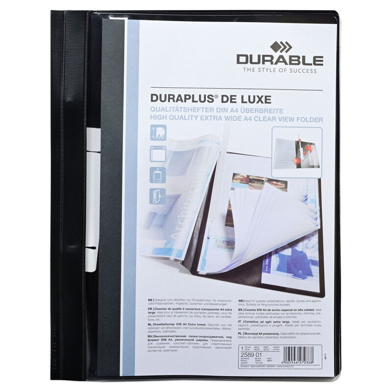 

FIS Durable Presentation File Folder Duraplus De Luxe, Clear View in Front, A4 Size(21.0x29.7cm) Extra Wide, Box of 25 Pieces, Black Color, Made in German