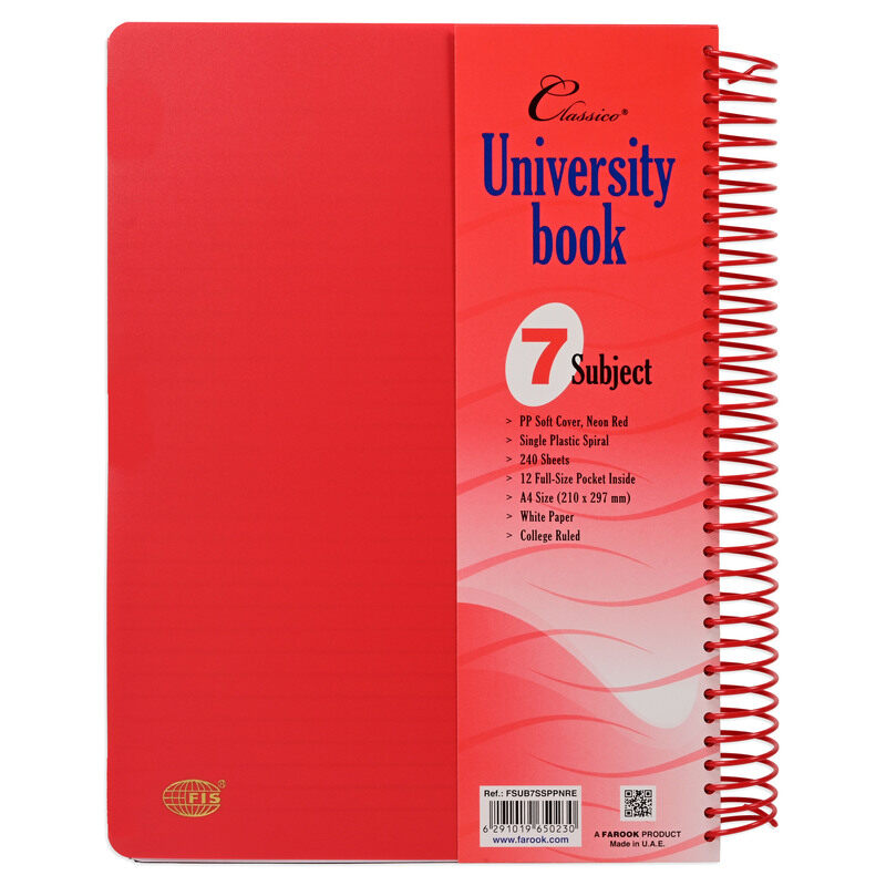 

FIS Classico University Book, Plastic Spiral PP Neon Soft Cover, 7 Subjects, A4 Size (210x297mm), 240 Sheets, Red Color- FSUB7SSPPNRE