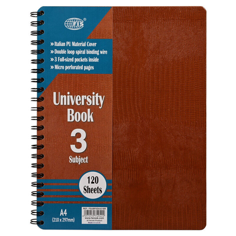 

FIS University Book, Double Loop Spiral, Italian PU Material, 3 Subjects, A4 Size (210x297mm), 120 Sheets, Brown Color-FSUBP3SA421BR