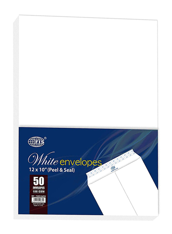 FIS Peel & Seal Envelope, 100GSM, 12 x 10inch, 50 Pieces, FSWE1034P50, White
