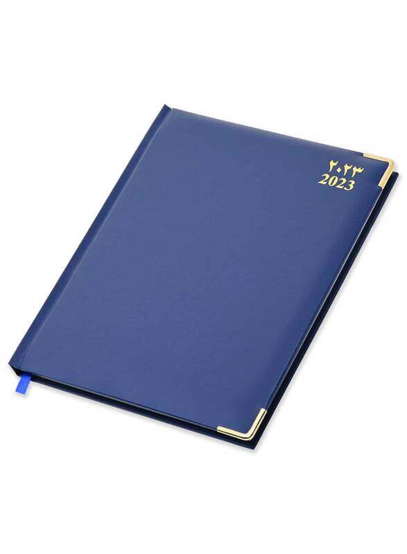 

FIS 2023 Arabic/English/French Executive Diary with Vinyl 1-Side Padded Gold Corner, 128 Sheets, 70 GSM, FSDI89AEFVG23BL, Blue