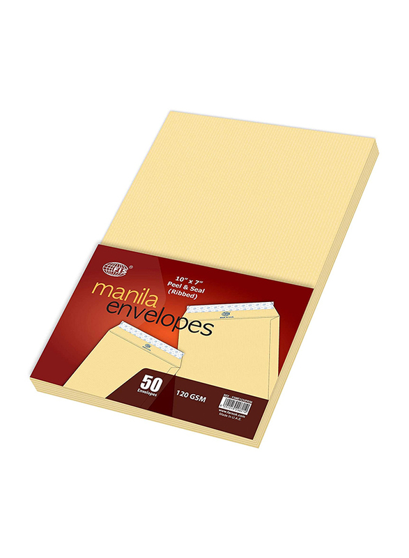 FIS Manila Envelopes Peel & Seal, 10 x 7 Inch, 50 Pieces, Ribbed