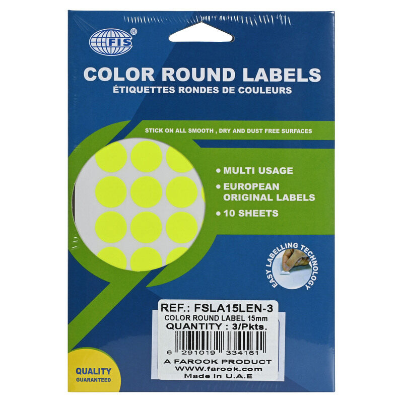 

FIS Color Round Label, 15mm Sticker Size, 54 Labels, 10 Sheets Per Pack, Pack of 3, Color Fluorescent Lemon - FSLA15LEN-3