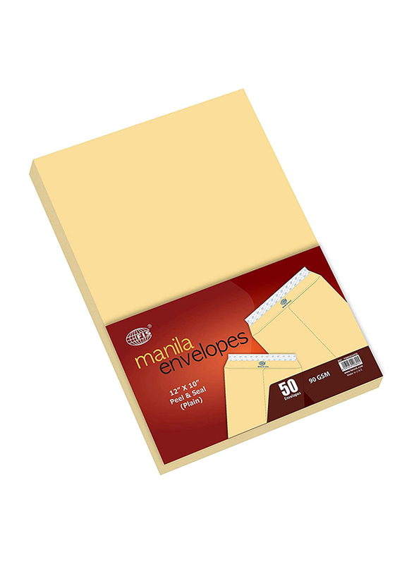 FIS Manila Envelopes Peel & Seal, 12 x 10 Inch, 90GSM, 50 Pieces, Plain