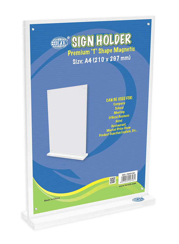 FIS Premium T Shape Magnet Portrait Sign Holder, A4 Size, 5 Pieces, FSNA1501-5, Clear