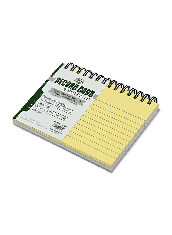 FIS Ruled Double Loop Spiral Binding Record Card, 5 x 3 Inch, 50 Sheets, 180 Gsm, FSIC53-180SPP50, Assorted