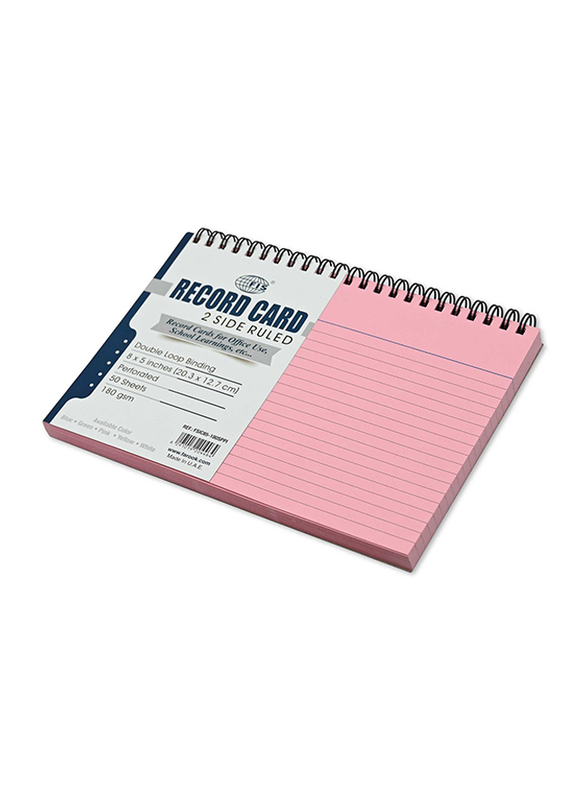 FIS Ruled Double Loop Spiral Binding Record Card, 8 x 5 Inch, 50 Sheets, 180 Gsm, FSIC85-180SPPI, Pink