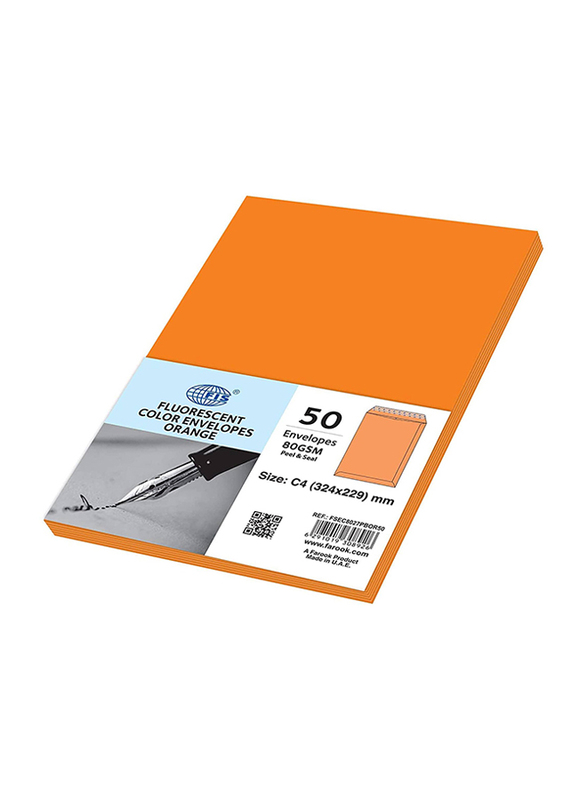 FIS Colour Peel & Seal Envelopes, 50-Piece, 80 GSM, C4 (324 x 229mm), Neon Orange