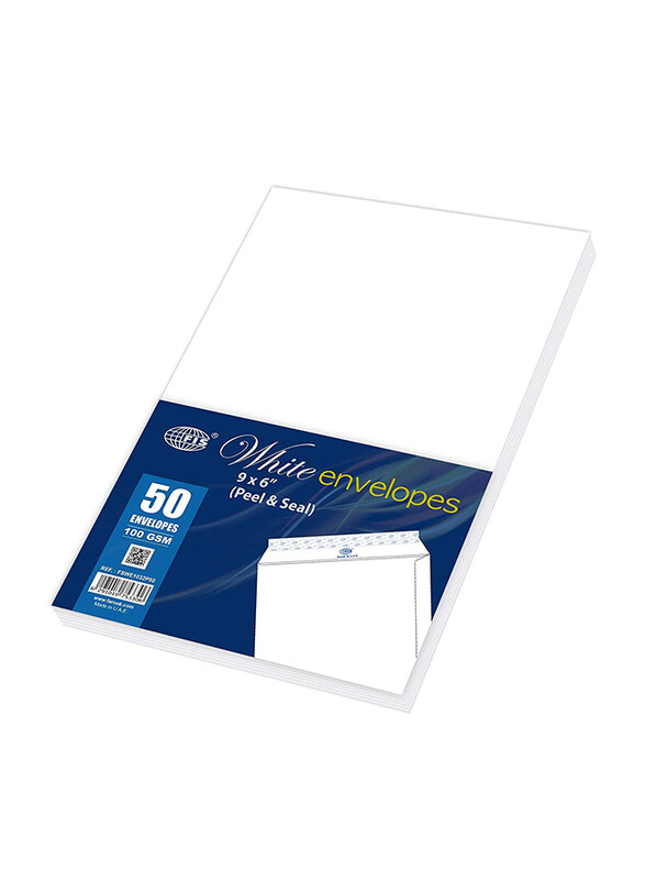 FIS Peel & Seal Envelope, 100GSM, 9 x 6inch, 50 Pieces, FSWE1032P50, White