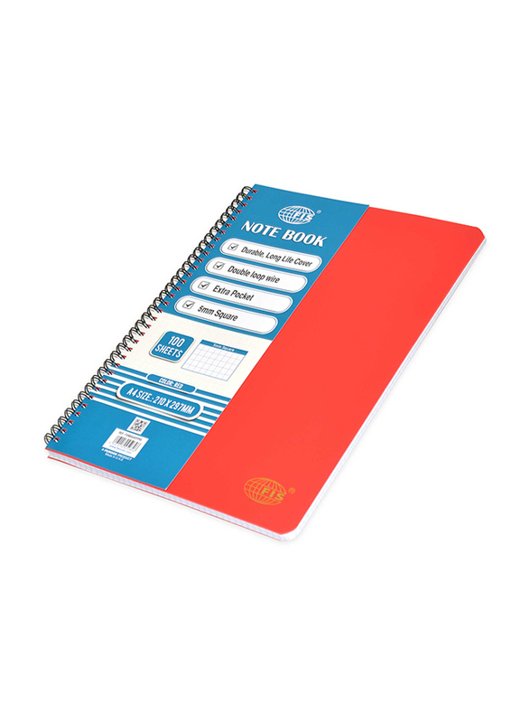 FIS Pp Spiral Notebook, 5mm Square, 100 Sheets, A4 Size, FSNBA45PPRE, Red/Blue