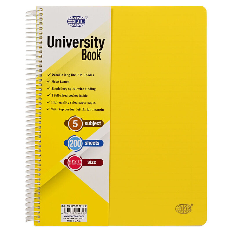 

FIS Deluxe University Book, Spiral PP Neon Soft Cover, 5 Subjects, (215x279mm) Size, 200 Sheets, Lemon Color-FSUB5SS8.5X11LE