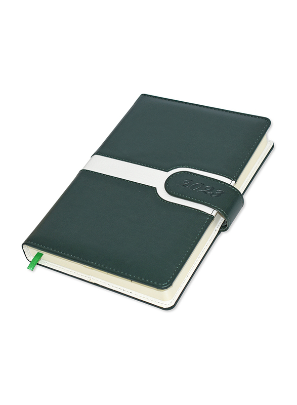 FIS 2023 1-Day A Page Italian PU 2-Side Padded English Diary with Magnetic Loop, 384 Sheets, 70 GSM, A5 Size, FSDI85E23GR, Green