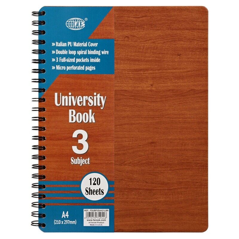 

FIS University Book, Double Loop Spiral, Italian PU Material, 3 Subjects, A4 Size (210x297mm), 120 Sheets, Light Brown Color-FSUBP3SA421LBR