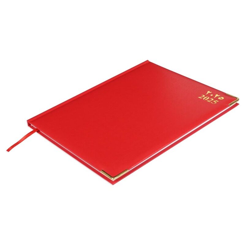 

FIS 2025 Executive Diary, Vinyl Materials, 1 Side Padded Cover, Golden Corners, Size 210x260mm, English/French/Arabic, 70gsm White Paper, Red Color-FS