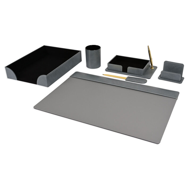 

FIS Executive Desk Set, Bonded Leather Material, Set of 6 Pieces Desk Set, Grey Color-FSDSEXBL181GY