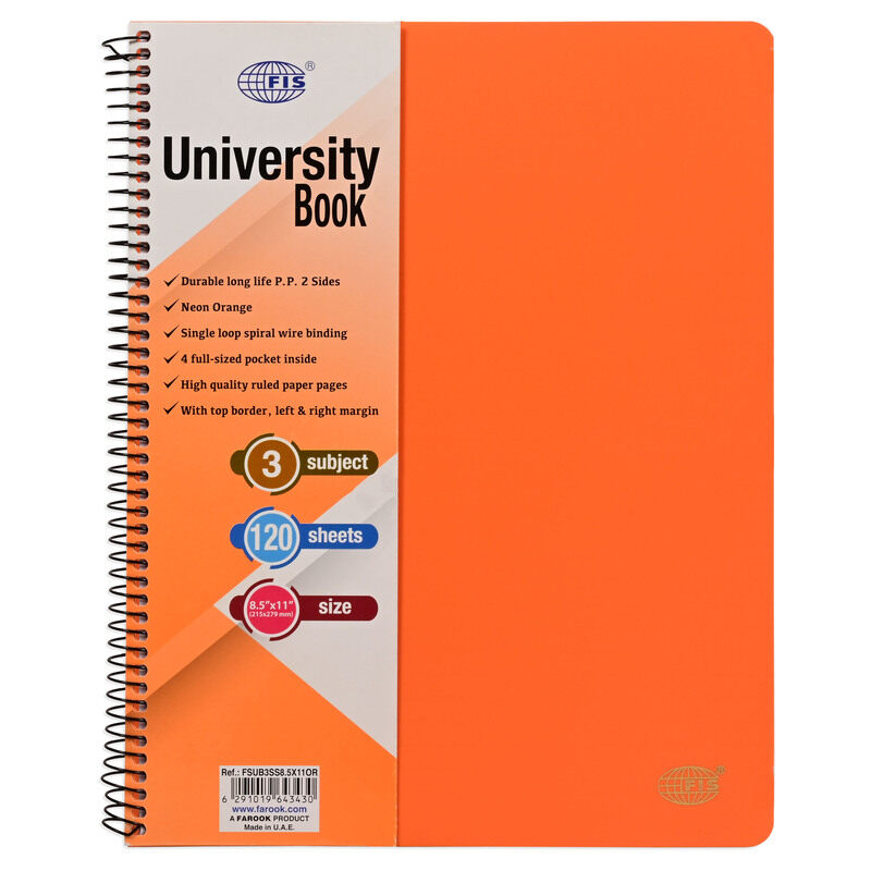 

FIS Deluxe University Book, Spiral PP Neon Soft Cover, 3 Subject, (215x279mm) Size, 120 Sheets, Orange Color- FSUB3SS8.5X11OR