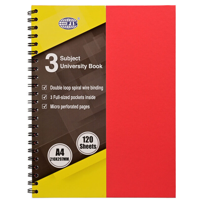 

FIS University Book, Spiral Neon Hard Cover, Single Ruled with Border, 3 Subject, A4 Size (210x297mm), 120 Sheets, Red Color- FSUB3S250