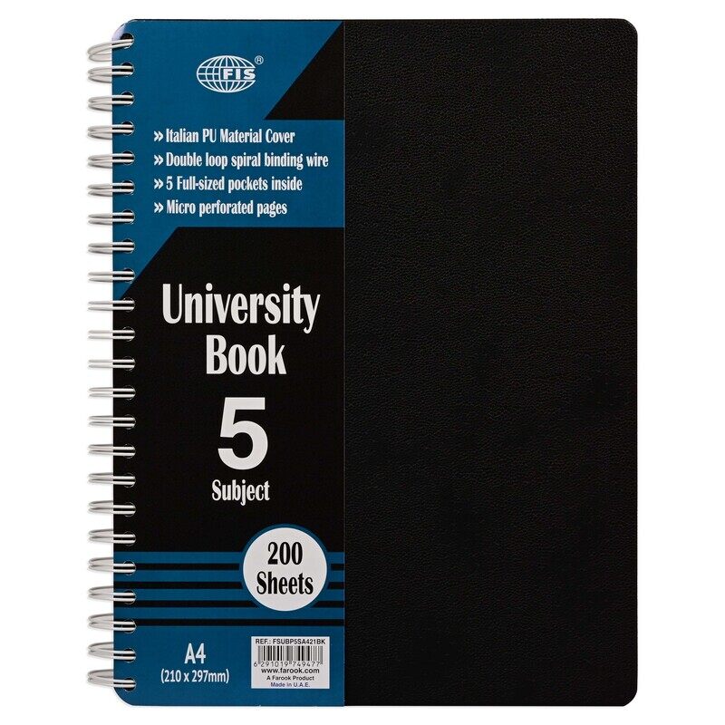 

FIS University Book, Double Loop Spiral, Italian PU, 5 Subjects, A4 Size (210x297mm), 200 Sheets, Black Color- FSUBP5SA421BK