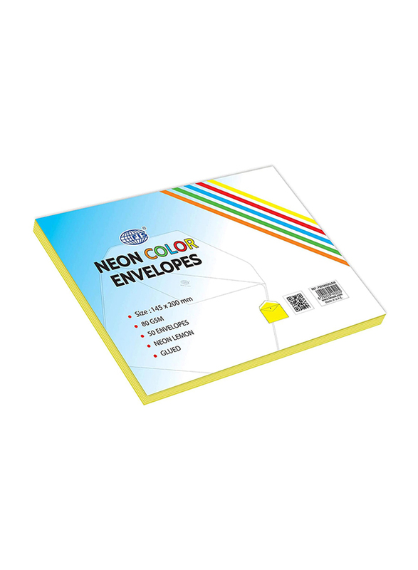 FIS Colour Glued Envelopes, 50-Piece, 80 GSM, 145 x 200mm, Neon Lemon