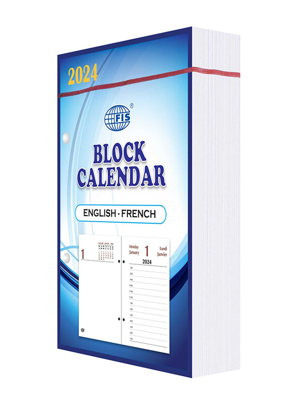 FIS 2024 Arabic & English Block Calendar 1 Day Per Sheet, 60 GSM, White Paper, FSBCAE24, Blue/White