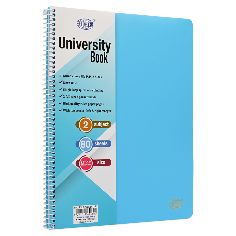 FIS Deluxe University Book, Spiral PP Neon Soft Cover, 2 Subjects, (215x279mm) Size, 80 Sheets, Blue Color- FSUB2SS8.5X11BL