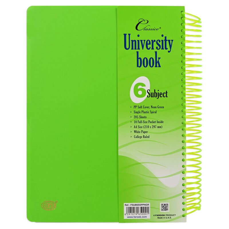 

FIS Classico University Book, Plastic Spiral PP Neon Soft Cover, 6 Subjects, A4 Size (210x297mm), 205 Sheets, Green Color- FSUB6SSPPNGR