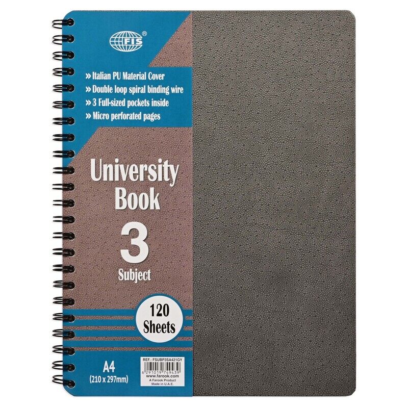 

FIS University Book, Double Loop Spiral, Italian PU Material, 3 Subjects, A4 Size (210x297mm), 120 Sheets, Grey Color - FSUBP3SA421GY