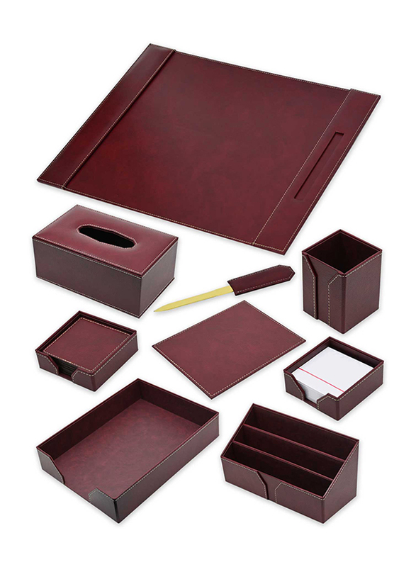 FIS Executive Desk Sets, Bonded Leather, 9 Pieces, FSDSEXB221MR, Maroon