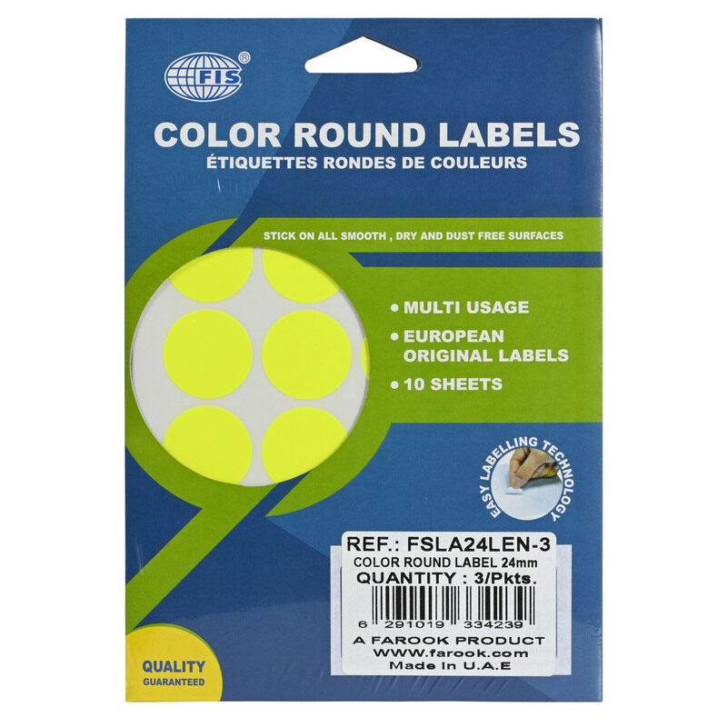 

FIS Color Round Label, 24mm Sticker Size, 24 Labels, 10 Sheets Per Pack, Pack of 3, Color Fluorescent Lemon - FSLA24LEN-3