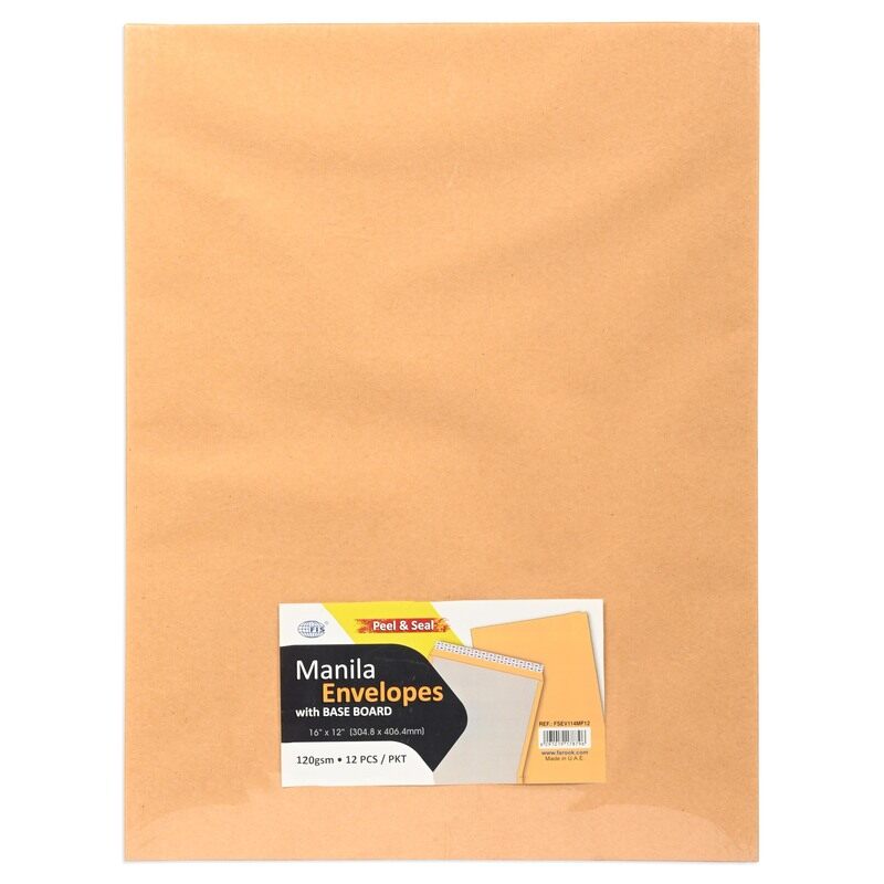 

FIS Manila Envelope with Baseboard, Size 16"x12" Inches, 120gsm Manila Paper, Easy Closure Peel and Seal, Pack of 12 Pieces, Brown Color-FSEV114MP12