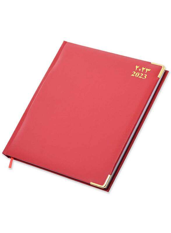 

FIS 2023 Arabic/English/French Executive Diary with Vinyl 1-Side Padded Gold Corner, 128 Sheets, 70 GSM, FSDI89AEFVG23RE, Red