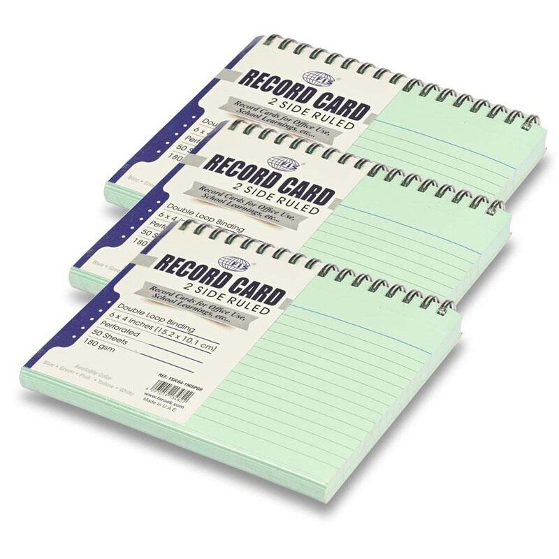 

FIS Ruled Record Cards, Size:6"x4" Inches (152x102mm), Double Loop Spiral Binding, Two Sides Single Ruled, 180gsm, Perforated, 50 Sheets Per Pad, Pack
