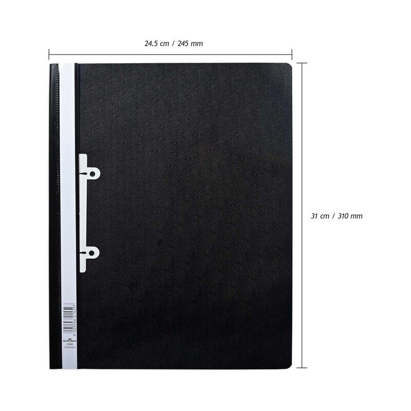 Durable File Folder, Clear View with Filing Strip, A4 Size(21.0x29.7cm) with Size Allowance, Box of 25 Pieces, Black Color, Made in Germany-DUPG258001