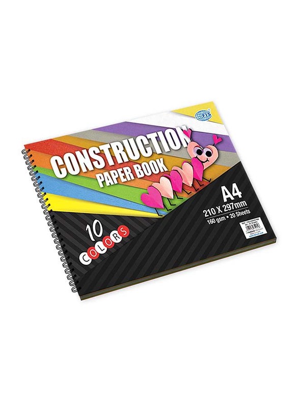 FIS Coloured Construction Paper Book with Spiral Binding, 20 Sheets, 160 GSM, A4 Size, FSCHSA420160, Multicolour