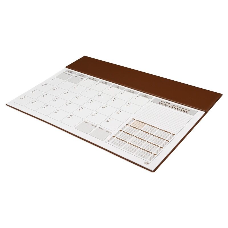 

FIS 2025 Year Planner with PVC Desk Blotter Materials, 12 Sheets, 1 Month Per Sheet, Size 490x340mm, English/Arabic, White Paper, Brown Color-FSDK2AE2