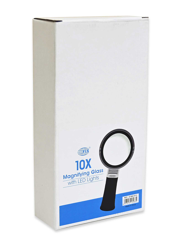 FIS 10x Round Handheld Magnifying Glass with 12 LED Lights, EYMG1812, Black/Silver