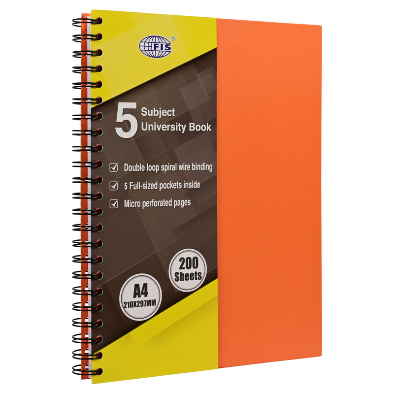 FIS University Book, Double Loop Spiral Hard Cover, Single Ruled with Border, 5 Subjects, A4 Size (210x297mm), 200 Sheets, Saffron Color- FSUB5S240